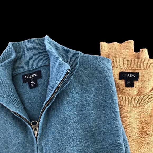 J Crew Factory Mens XL Bundle 2 Cotton Sweaters Quarter Zip Crewneck Blue Tan - Picture 2 of 4
